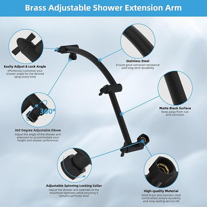 Hibbent All Metal 12'' Rain Shower Head, 16'' Extension Arm, Matte Black | cUPC Certified High Pressure Rainfall Showerhead with Solid Brass Adjustable Shower Head Extension Arm, Fixed Showerheads