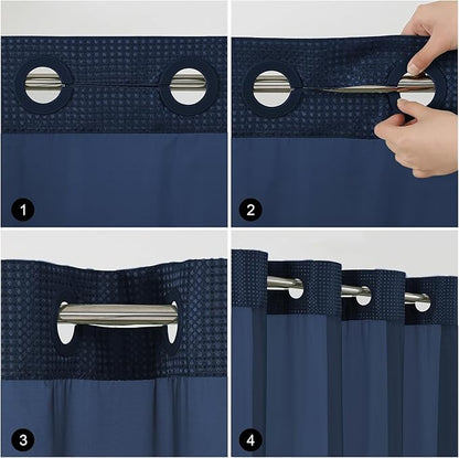 Colorful Star No Hook Shower Curtain with Snap in Fabric Liner, Waffle Weave Heavy Duty Thick Shower Curtains with Mesh Top Window, Hotel Style Waterproof Bathroom Curtain Set, 72 x 87 Inch, Navy Blue