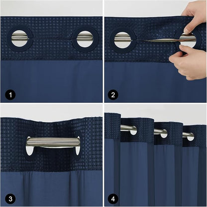 Colorful Star Navy Blue No Hook Waffle Shower Curtain Set, 72" W x 87" L | Waterproof Shower Curtain with Snap in Fabric Liner and Mesh Top Window, Hotel Style Heavy Duty Thick Bathroom Curtain