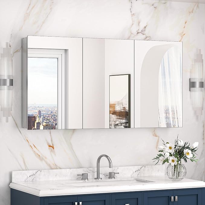 Keonjinn 48 x 26 Inch Bathroom Medicine Cabinets Mirror, Adjustable Shelves | Assembly Required, Lightweight Aluminum Frame, Surface Mount or Recessed, HD Tempered Glass, Soft Closing DTC Hinges, Large