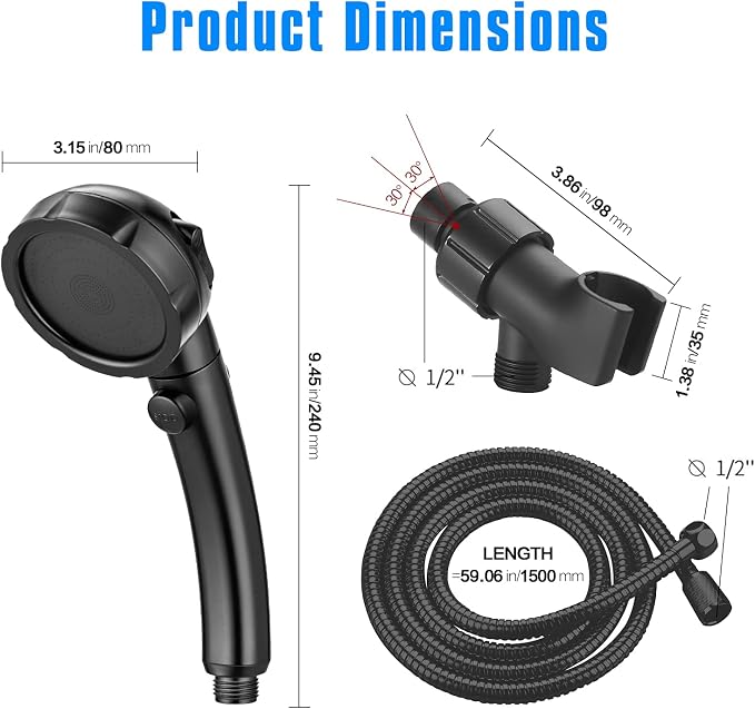 JONKEAN High Pressure Shower Head with Hose for RV Black | Water Saving Handheld with 3 Spray Modes, On Off Switch Shower, Detachable, With Angle-Adjustable Bracket