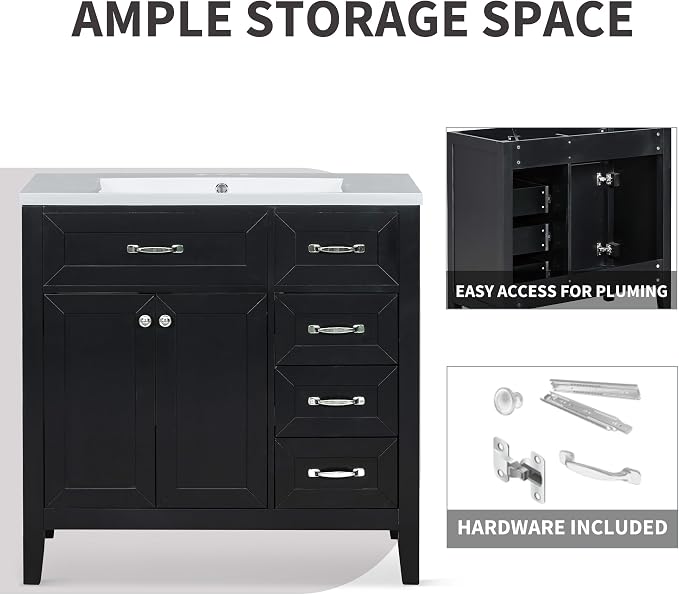 36 Inch Bathroom Vanities with Undermount Ceramic Sink, Storage Cabinet with Soft Closing Doors and Three Drawers, Solid Wood Frame, Black