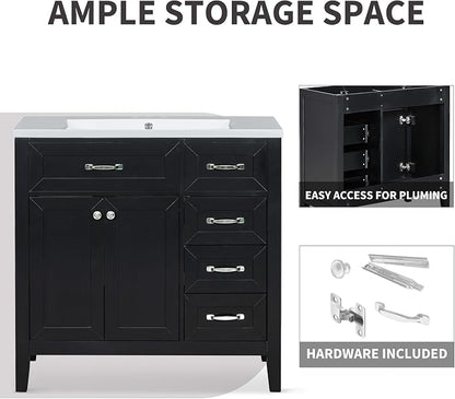 36 Inch Bathroom Vanities with Undermount Ceramic Sink, Storage Cabinet with Soft Closing Doors and Three Drawers, Solid Wood Frame, Black