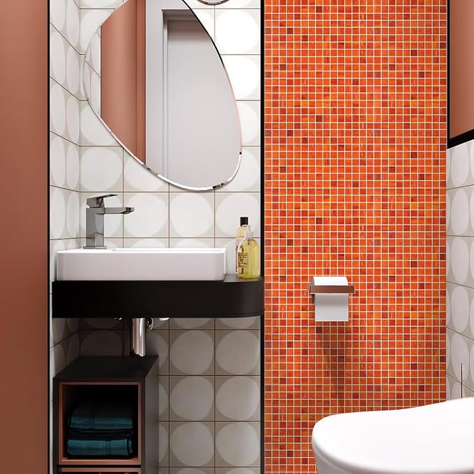 11.5 sq.ft Orange Glass Mosaic Tile for Bathroom, Pool, Kitchen Backsplash | Waterproof Wall & Floor Tile. Heat & frost resistant outdoors. Mesh-mounted easy install. Use any grout. Easy clean. 10pcs.