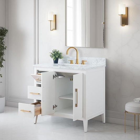 Vanity Art 36 inch Bathroom Vanity with Single Sink & Ceramic Top, Vanity Cabinet with Soft-Closing Doors, Drawers, Solid Wood Frame, White, VA9036-W-BN1