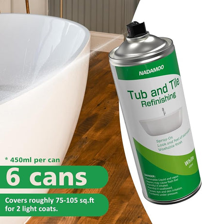 NADAMOO Tub and Tile Spray Paint White, 450ml, 6 Cans, Aerosol Bathtub Refinishing Kit for Porcelain Fiberglass Ceramic, DIY Resurfacing Bathroom Sink Countertop