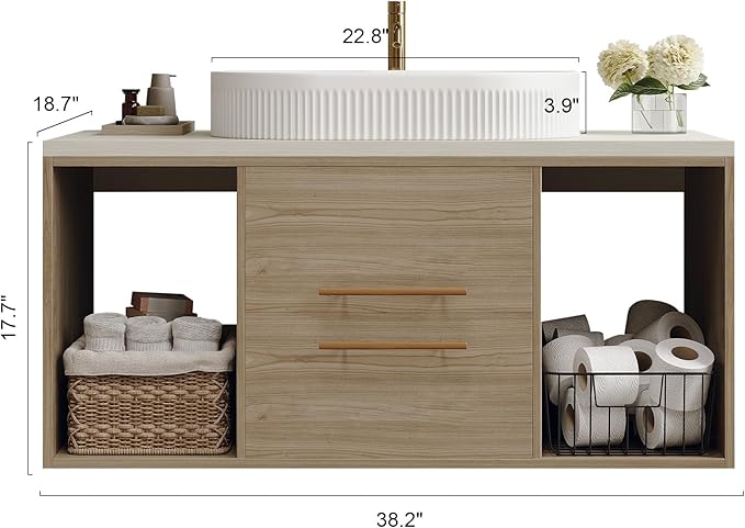 38.2 inch Modern Floating Bathroom Vanity with Sink, Wall Mounted Bathroom Cabinet with Oval Fluted Ceramic Sink, Pure White Counter Top, 2 Soft Closing Drawers & Open Storage Shelf