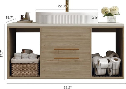 40" Bathroom Vanity with Sink Set, Modern Oak Wall Mounted Bathroom Vanity Cabinet with Above Oval Ceramic Sink,Gold Handle 2 Drawers & 2 Open Storage, Single Sink Floating Bathroom Vanity