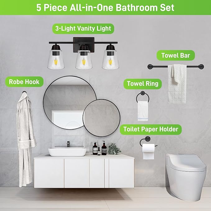 hykolity 3-Light Vanity Light Fixture, 5-Piece All-in-One Bathroom Set with Towel Bar, Ring, Robe Hook & Toilet Paper Holder for Bathroom Mirror Lighting, Oil Rubbed Bronze Wall Light with Glass Shade