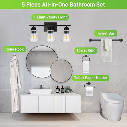 hykolity 3-Light Vanity Light Fixture, 5-Piece All-in-One Bathroom Set with Towel Bar, Ring, Robe Hook & Toilet Paper Holder for Bathroom Mirror Lighting, Oil Rubbed Bronze Wall Light with Glass Shade