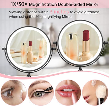 FUNTOUCH 5000mAh Rechargeable Wall Mounted Lighted Makeup Mirror 1X30X | Double Sided 1X 30X Magnifying, 3 Color Lighting, Touch Dimming, Extended Arm 360 Rotation Light up Bathroom Mirror Black