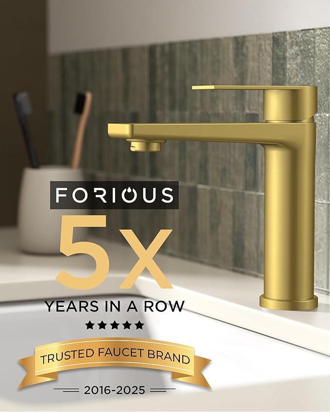 FORIOUS Gold Bathroom Faucet 1 Hole, Single Hole Brushed Gold Bathroom Faucet Single Handle with 1.2 GPM Water-Saving Aerator, Pop Up Drain and Hose, Modern Restroom Sink Tap with Deck Plate, Vanity