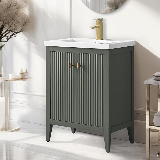 Vanity Art 24 inch Bathroom Vanity with Single Sink & Ceramic Top, Vanity Cabinet with Soft-Closing Door, Solid Wood Frame, Linear Pattern, Vintage Green, Golden Brushed Handware VA9124-VG-GB