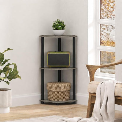 Furinno Turn-N-Tube Toolless Assembly 3-Tier Corner Shelf, Corner Book Shelf, Open Shelves Bookshelf, for Organization and Storage, Living Room, Home Office, Bedroom, Grey Oak