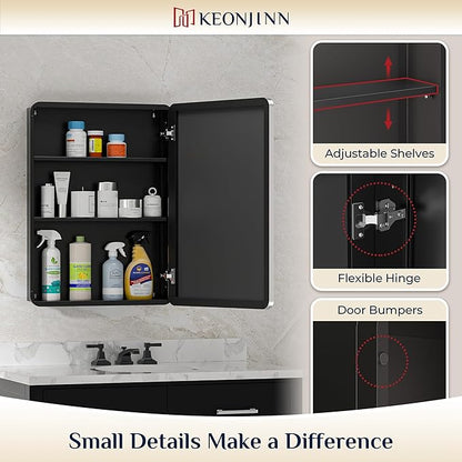 Keonjinn Chrome Medicine Cabinet Mirror 16 x 24 Inch, Recessed Medicine Cabinet for Bathroom, Elegant Stainless Steel Framed, Stepless Adjustable Shelves, in Wall or Surface Mount, Soft Closing