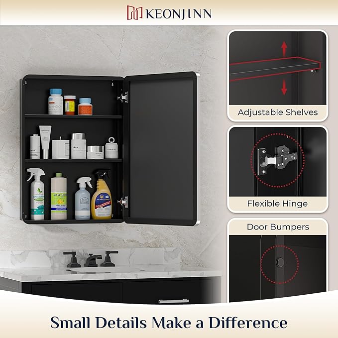 Keonjinn 20 x 26 Inch Chrome Recessed Medicine Cabinets, Mirrored Bathroom Medicine Cabinet, Elegant Stainless Steel Framed, Stepless Adjustable Shelves, In Wall or Surface Mount, Soft Closing, Modern
