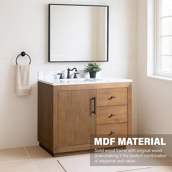 HOMEBEYOND 42" Bathroom Vanity with Single Sink & Ceramic Top, MDF Material Vanity Cabinet with Basin Combo, Soft-Closing Doors, Removable Shelf, Backsplash,Tan