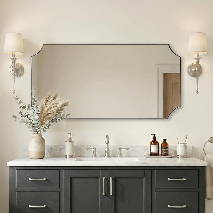 Scalloped 24"x48" Brushed Nickel Vanity Mirror | Rustproof Stainless Steel Frame 1" Deep, Unique Notched Corner Design, Horizontal & Vertical Mount, Modern Bath Wall Decor