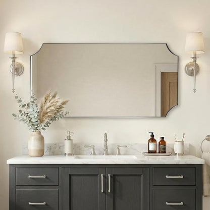 Scalloped 24"x48" Brushed Nickel Vanity Mirror | Rustproof Stainless Steel Frame 1" Deep, Unique Notched Corner Design, Horizontal & Vertical Mount, Modern Bath Wall Decor