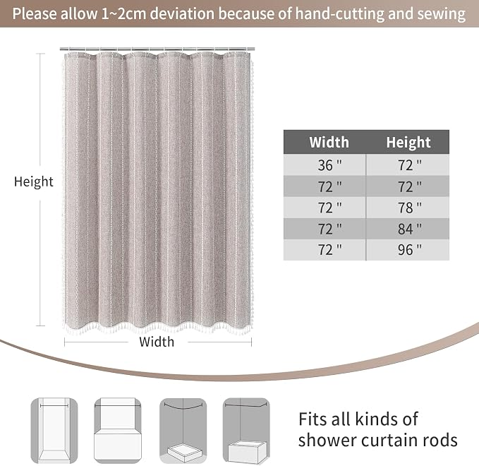 Boho Tassel Linen Shower Curtain,3D Embroidery Stripe Taupe Grey,72x84 | Extra Long Xl,310GSM Linen Texture Heavy Duty Cloth,Water Repellent,Wrinkle Resistant,Vintage Rustic Farmhouse Country