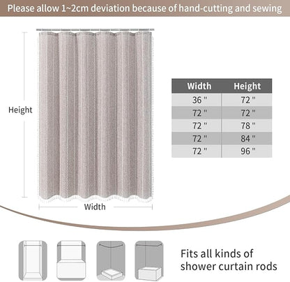Boho Tassel Linen Shower Curtain,3D Embroidery Stripe Taupe Grey,72x84 | Extra Long Xl,310GSM Linen Texture Heavy Duty Cloth,Water Repellent,Wrinkle Resistant,Vintage Rustic Farmhouse Country