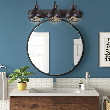 JONATHAN Y 24.5" Oil Rubbed Bronze 3-Light Industrial Farmhouse Vanity Light for Bathroom Mirror, Rustic Metal Wall Sconce Fixture, Iron Caged Shade, LED Bulbs Included JYL1120A