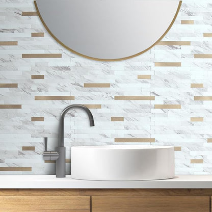 AULIGET 2 Sheets Faux Stone White Marble Peel and Stick Backsplash, PVC Mixed Metal Champagne Gold Wall Tile Stick on Backsplash for Kitchen and Bathroom