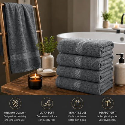 DAN RIVER 600 GSM Cotton Large Bath Towels Set of 4, 27 x 54 Inches, Gray | Larger & Lighter Weight Towels for Bathroom - Highly Absorbent & Quick Dry 100% Cotton Bath Towel Set for Home, Spa & Hotel
