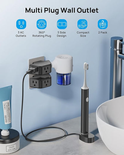 TROND 360 Rotating Plug Outlet Extender for Bathroom Kitchen, 2 Pack | Wall Plug Adapter with 3 Grounded Sockets, No Blocking with 3 Way Angled Design, Small Outlet Splitter for Home Office, Black