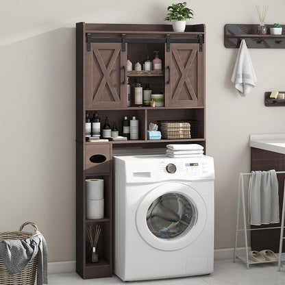 Vabches Over The Toilet Storage Cabinet with Sliding Doors, Espresso | Farmhouse Storage Cabinet Over Toilet, Home Space-Saving Toilet Rack, Toilet Paper Holder Stand,for Restroom,Bathroom,Laundry