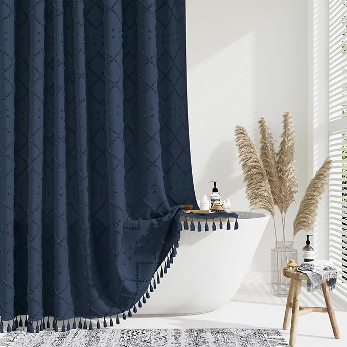 Extra Long Boho Shower Curtain Tufted Geometric 72"x84" Navy Blue | 84 Inch Tall, Elegant Tassel, Lightweight Textured Fabric, Water Repellent, Washable, Hotel Spa, for Bathroom/Dorm 12 Hooks