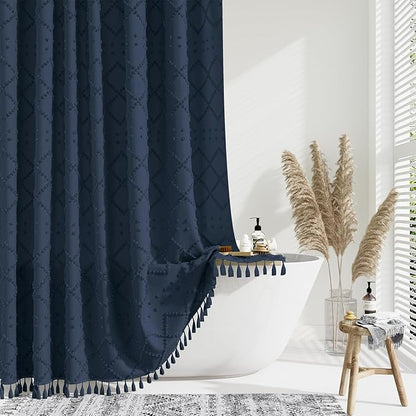 Extra Long Boho Shower Curtain Tufted Geometric 72"x84" Navy Blue | 84 Inch Tall, Elegant Tassel, Lightweight Textured Fabric, Water Repellent, Washable, Hotel Spa, for Bathroom/Dorm 12 Hooks