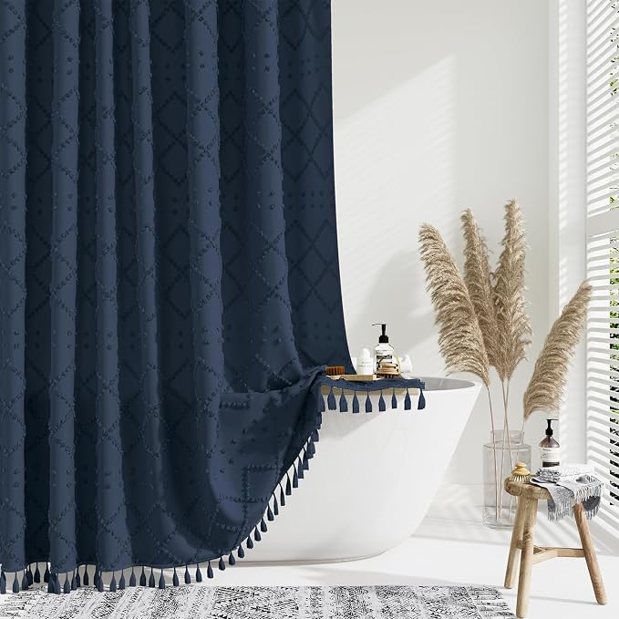 Extra Long Boho Shower Curtain Tufted Geometric 72"x96" Navy Blue | 96 Inch Tall, Elegant Tassel, Lightweight Textured Fabric, Water Repellent, Washable, Hotel Spa, for Bathroom/Dorm 12 Hooks
