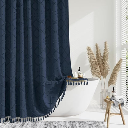 Extra Long Boho Shower Curtain Tufted Geometric 72"x96" Navy Blue | 96 Inch Tall, Elegant Tassel, Lightweight Textured Fabric, Water Repellent, Washable, Hotel Spa, for Bathroom/Dorm 12 Hooks