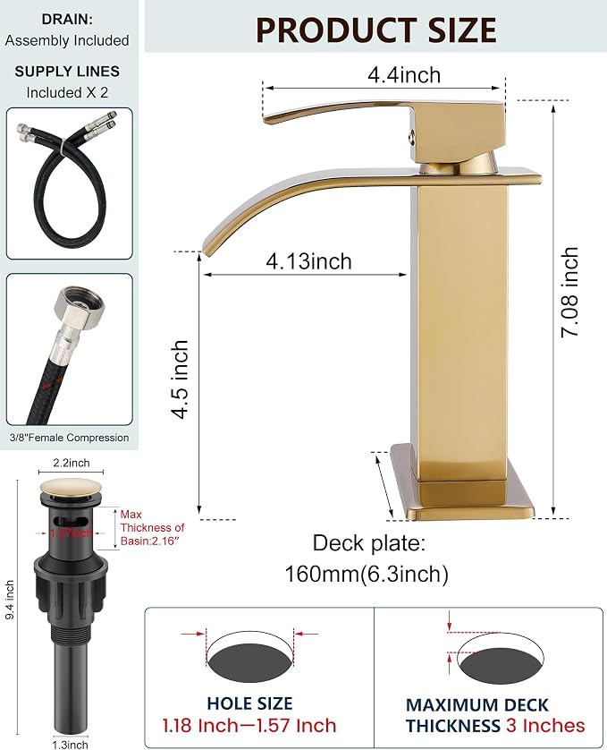 Midanya Waterfall Bathroom Faucet 1 Hole,Brushed Gold | with 24” Hoses,Pop Up Drain,6” Deck Plate,for 1 or 3 Hole Vanity,Lavatory,RV,Single Handle Bathroom Sink Faucet,NSF Certified