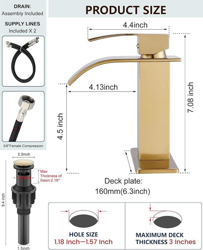 Midanya Waterfall Bathroom Faucet 1 Hole,Brushed Gold | with 24” Hoses,Pop Up Drain,6” Deck Plate,for 1 or 3 Hole Vanity,Lavatory,RV,Single Handle Bathroom Sink Faucet,NSF Certified
