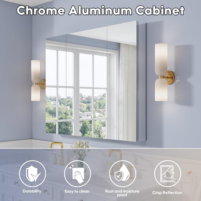44" x 36" Bathroom Medicine Cabinet with Mirror, Anodized Chrome Aluminum Frame, Surface Mount or Recessed Medicine Cabinet with Mirror, Bathroom Mirror with Storage, Three Doors