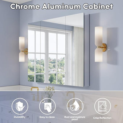 44" x 36" Bathroom Medicine Cabinet with Mirror, Anodized Chrome Aluminum Frame, Surface Mount or Recessed Medicine Cabinet with Mirror, Bathroom Mirror with Storage, Three Doors
