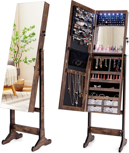 CHARMAID Jewelry Armoire Cabinet with Full Length Mirror, 6 LEDs Standing Lockable Jewelry Organizer with Vanity Makeup Mirror, 4 Storage Drawers, 4 Shelves, Lipstick Tray, 4 Angles (Rustic Brown)