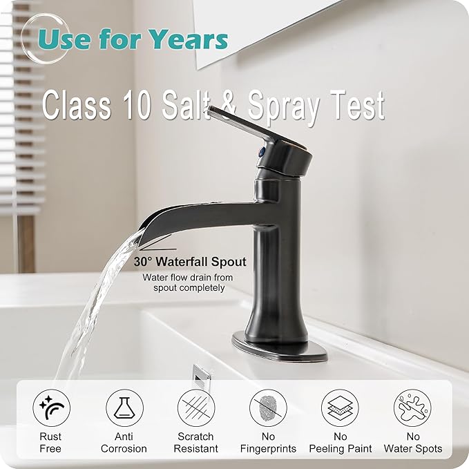 Waterfall Bathroom Sink Faucet Oil Rubbed Bronze, Brass Single Handle Bathroom Faucet 1 Hole or 3 Hole (4 Inch), Modern Bathroom Vanity Faucets with Pop Up Drain & Deck Plate for Rv Farmhouse