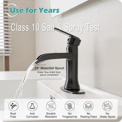 Waterfall Bathroom Sink Faucet Oil Rubbed Bronze, Brass Single Handle Bathroom Faucet 1 Hole or 3 Hole (4 Inch), Modern Bathroom Vanity Faucets with Pop Up Drain & Deck Plate for Rv Farmhouse