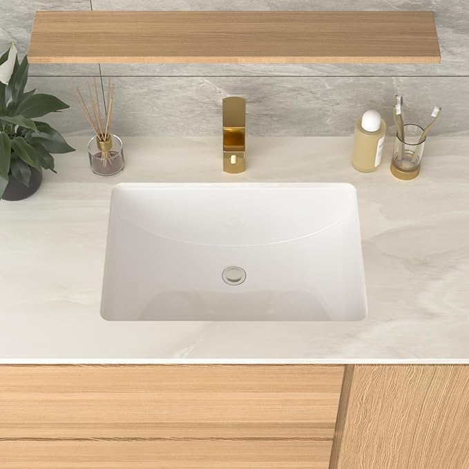 Undermount Bathroom Sink Rectangle 21x15 Inch White Rectangular Porcelain Ceramic Vessel Sink with Overflow Under Counter Lavatory Vanity