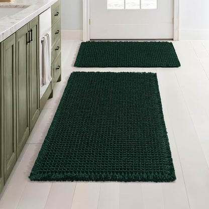 MIULEE Set of 2 Waffle Bathroom Rugs Dark Green Bath Mat 17"x24"+18"x30" | Non Slip, Super Absorbent, Washable, Ultra Soft, Rubber Backed, Small Boho Bath Rugs for Bathroom Floor Tub Shower