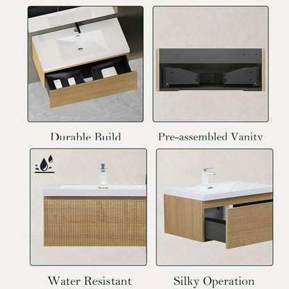 Floating Bathroom Vanity, 36" Wall Mounted Bathroom Cabinet with Glossy White Stone Resin Sink & U-Shaped Soft-Close Drawer, Pre-Assembled Striped Storage Vanity for Bathroom, Natural Wood