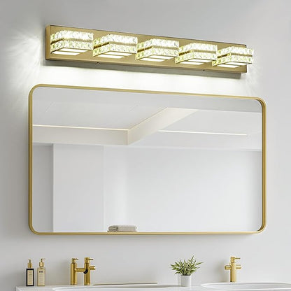 OKELI Crystal Vanity Lights LED Bathroom Vanity Light Fixture Over Mirror Modern Indoor Lamp, 6000K Cold White Dimmable, 5-Lights, 32W, ETL Listed