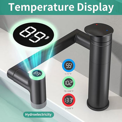 Modern Bathroom Faucet 1 Hole with Temperature Display(Batteries-Free), 1080° Rotatable Single Hole Bathroom Faucet, Single Handle Bathroom Vanity Faucets, 2 Spray Modes (Matte Black)