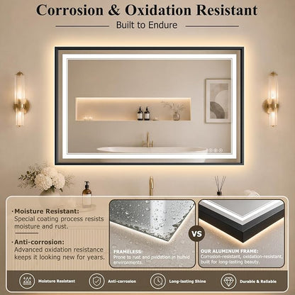 30"x40" LED Bathroom Mirror with Lights, Backlit + Front Lit, Anti-Fog | Lighted Bathroom Mirror with One-Piece Aluminum Alloy Frame, HD Shatterproof Tempered Glass, Dimmable, Memory Function
