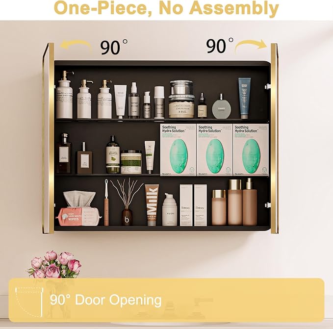 32x24 in Brushed Gold Double Door Medicine Cabinet with Mirror | Fully Assembled; Recessed or Surface Wall Mount; Metal Cabinet with Tempered Glass Mirror and Two Adjustable Glass Shelves