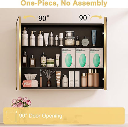 32x24 in Brushed Gold Double Door Medicine Cabinet with Mirror | Fully Assembled; Recessed or Surface Wall Mount; Metal Cabinet with Tempered Glass Mirror and Two Adjustable Glass Shelves