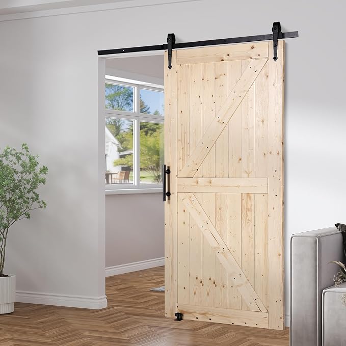 VEVOR 42in x 84in Sliding Barn Door with 7ft Barn Door Hardware Kit Included & Handle, Water-Proof Solid Wood, Easy Assembly, for Interior Rooms & Storage Closet, K-Frame, DIY, Stainable, Natural